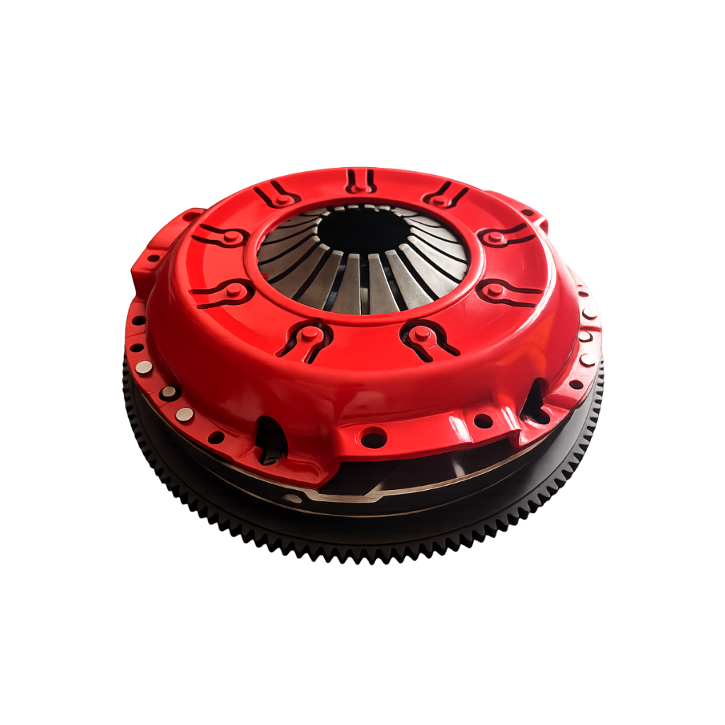 A red and black clutch pressure plate assembly, photographed from a top-down angle on a solid white background.