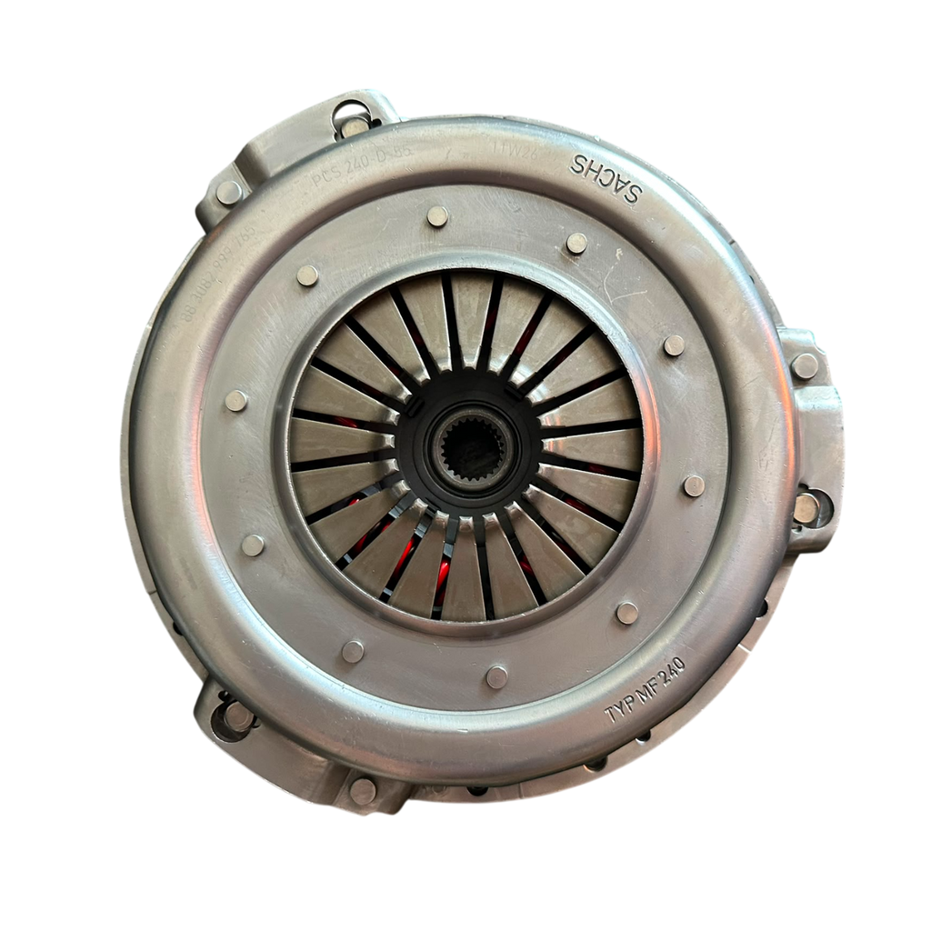A metallic clutch pressure plate assembly with a silver steel body, black splined center, and small red accents, isolated on a white background.